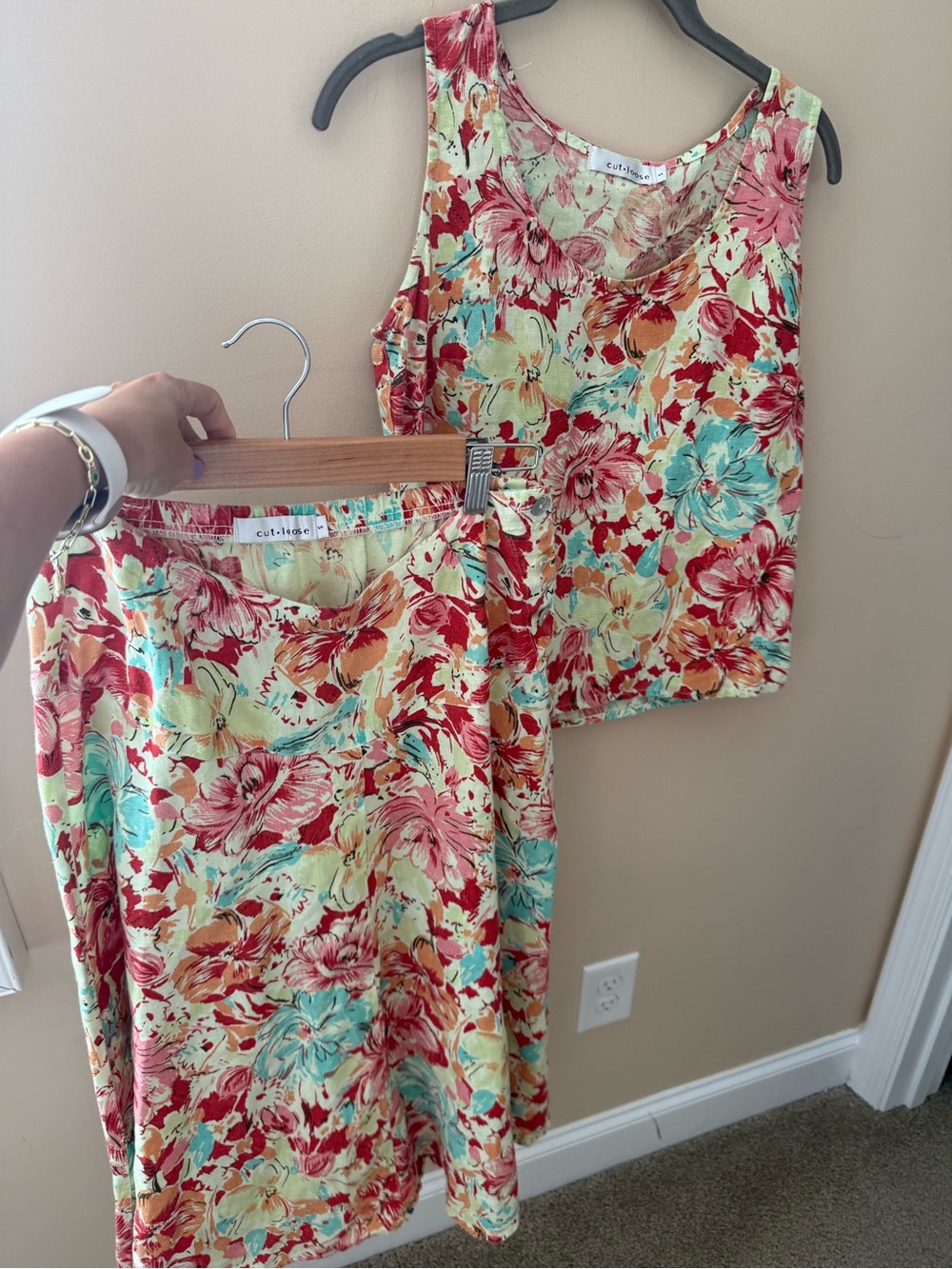 Cut Loose Linen Floral 2pc Set Top skirt Lightweight Cottagecore Lagenlook sz S